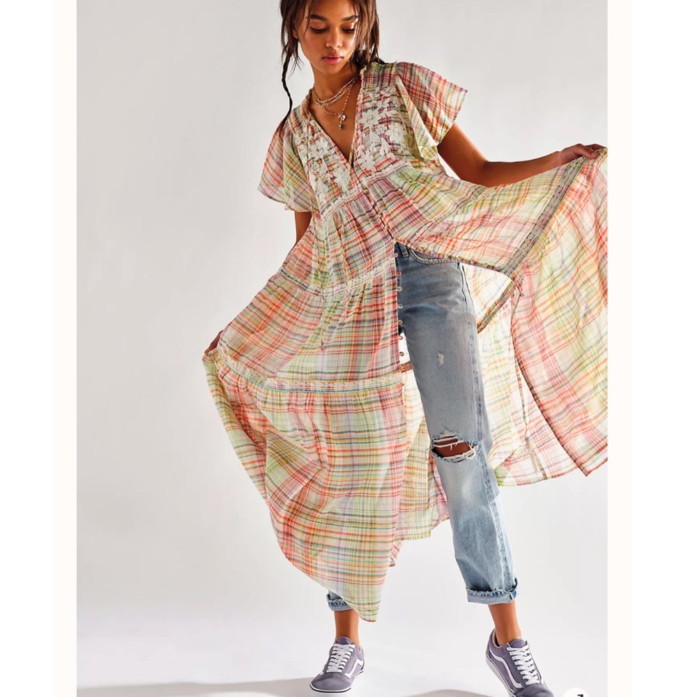 Free People Sally Plaid appliqué colorful maxi top